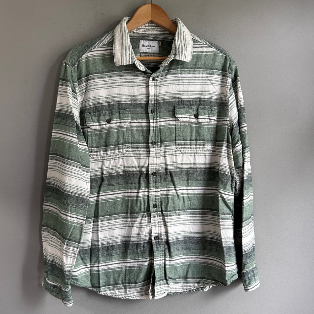 Goodfellow & Co Mens Large Green Striped Flannel Shirt Long Sleeve Cotton L